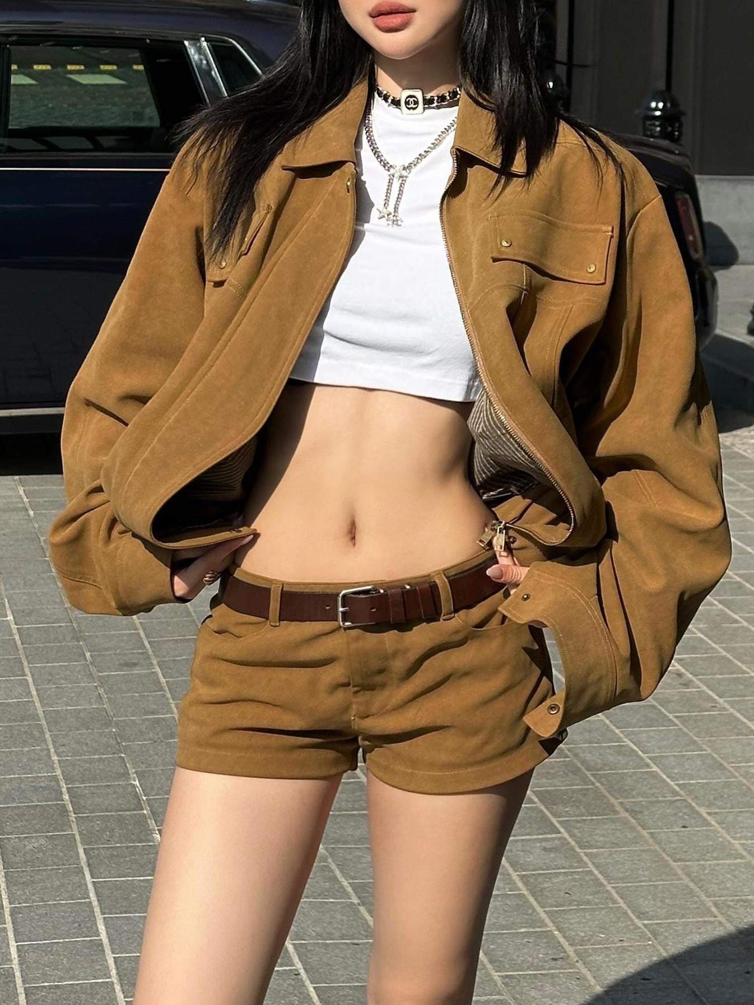rovente Brown Vintage Lapel Polo Collar Relaxed Fit Women's Suede Leather Jackets