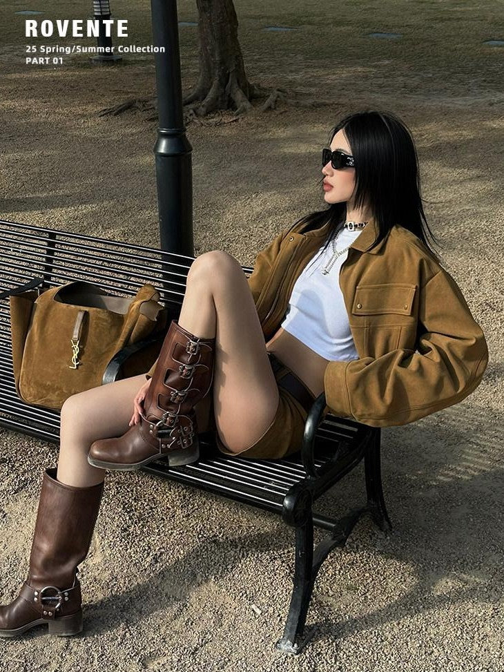 rovente Brown Vintage Lapel Polo Collar Relaxed Fit Women's Suede Leather Jackets