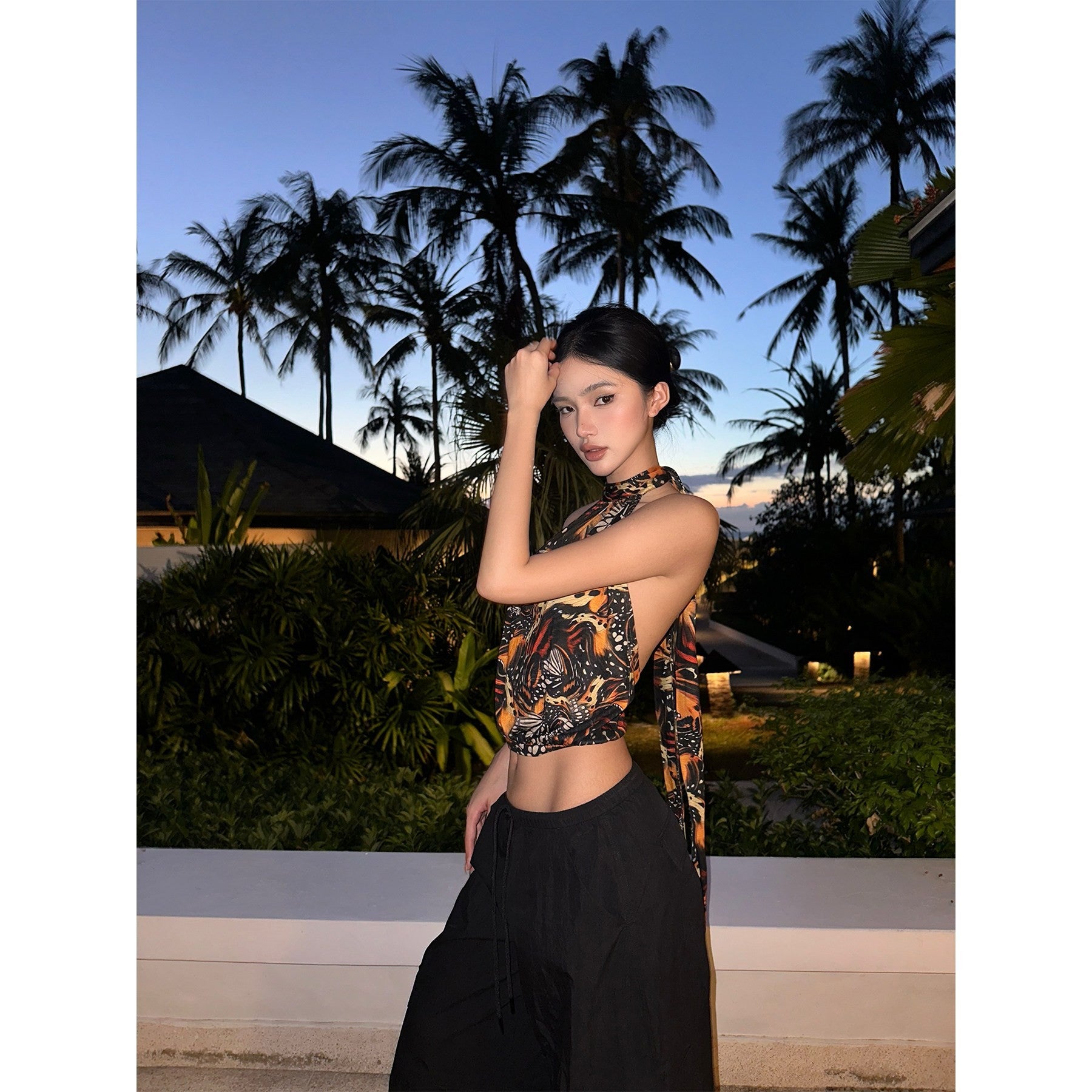 rovente_Butterfly_Print_Waist_Cinched_Slim_Fit_Ribbon_Tie_Women's_Halter_Tops_898453764457_MISSTT