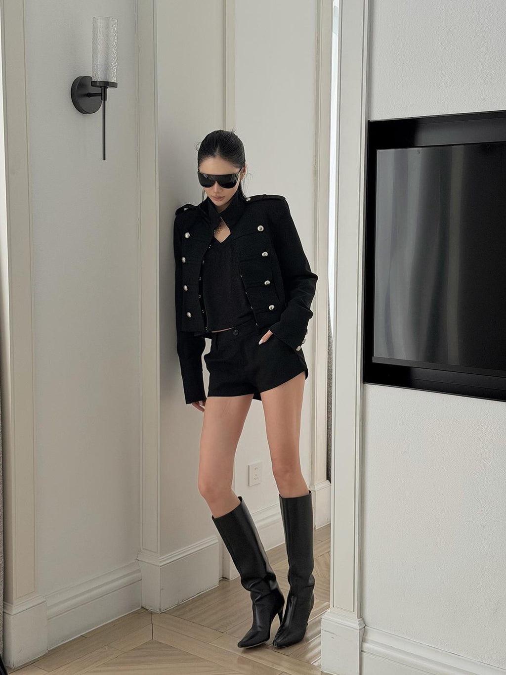rovente Button Embellished Stand Collar Zip Up Slim Fit Long Sleeve Women's Polyester Cropped Jackets
