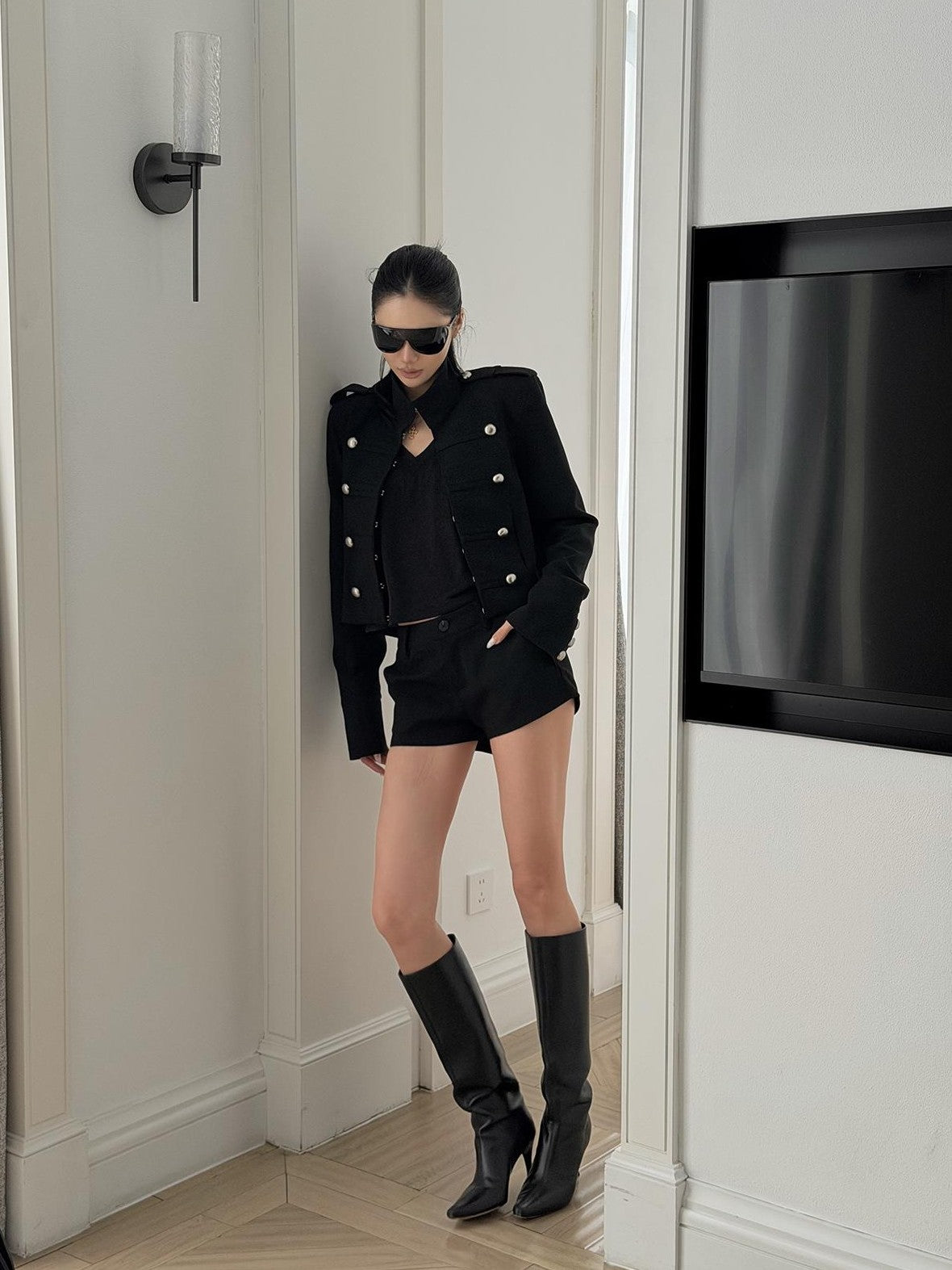 rovente Button Embellished Stand Collar Zip Up Slim Fit Long Sleeve Women's Polyester Cropped Jackets