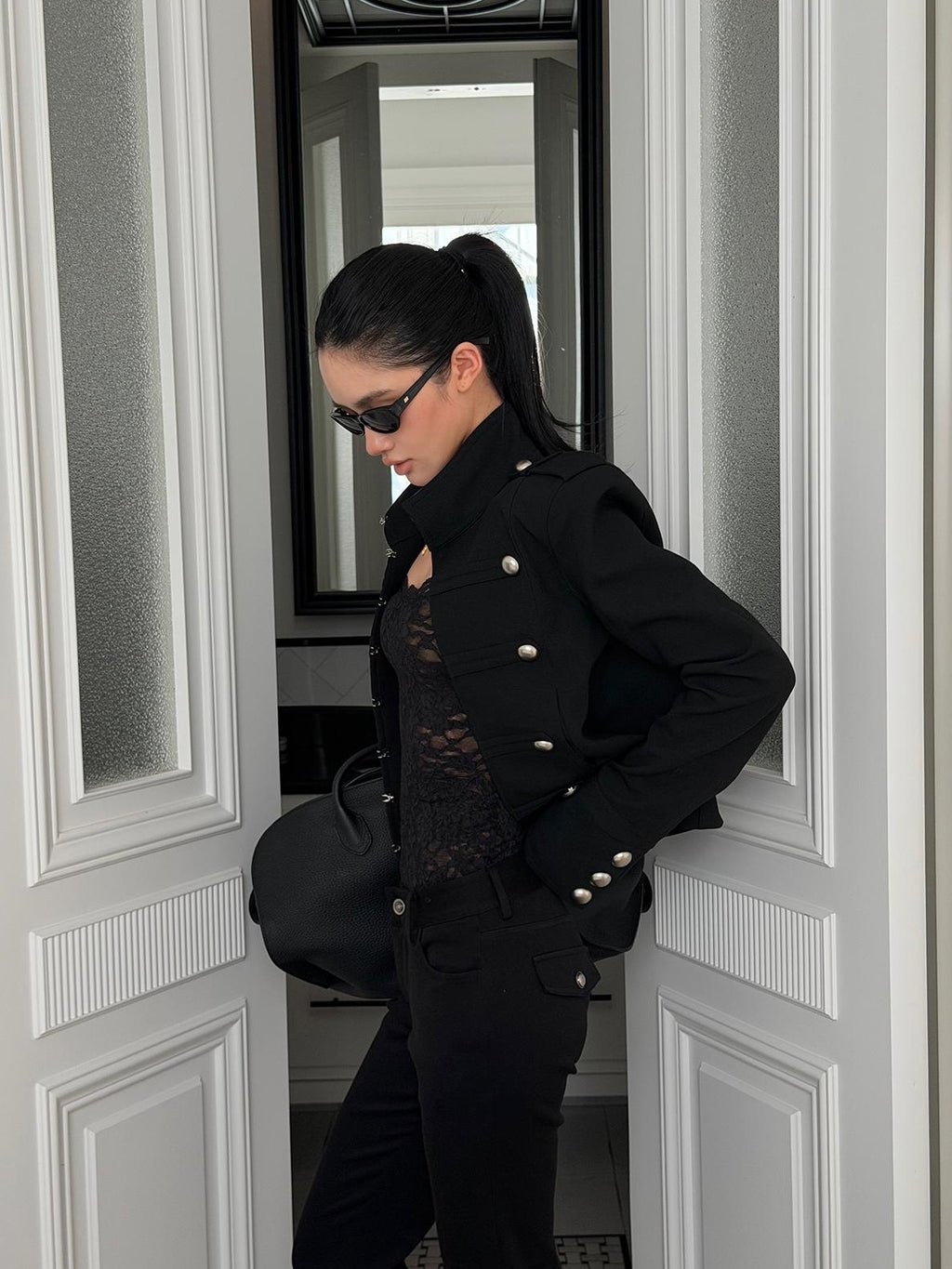 rovente Button Embellished Stand Collar Zip Up Slim Fit Long Sleeve Women's Polyester Cropped Jackets