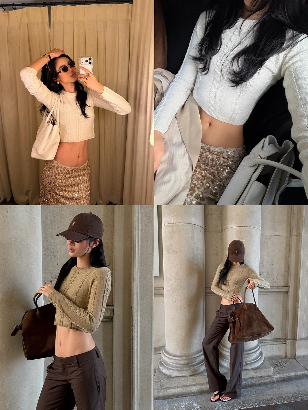 rovente Cable Knit Cropped Slim Fit White Crew Neck Women's Sweaters