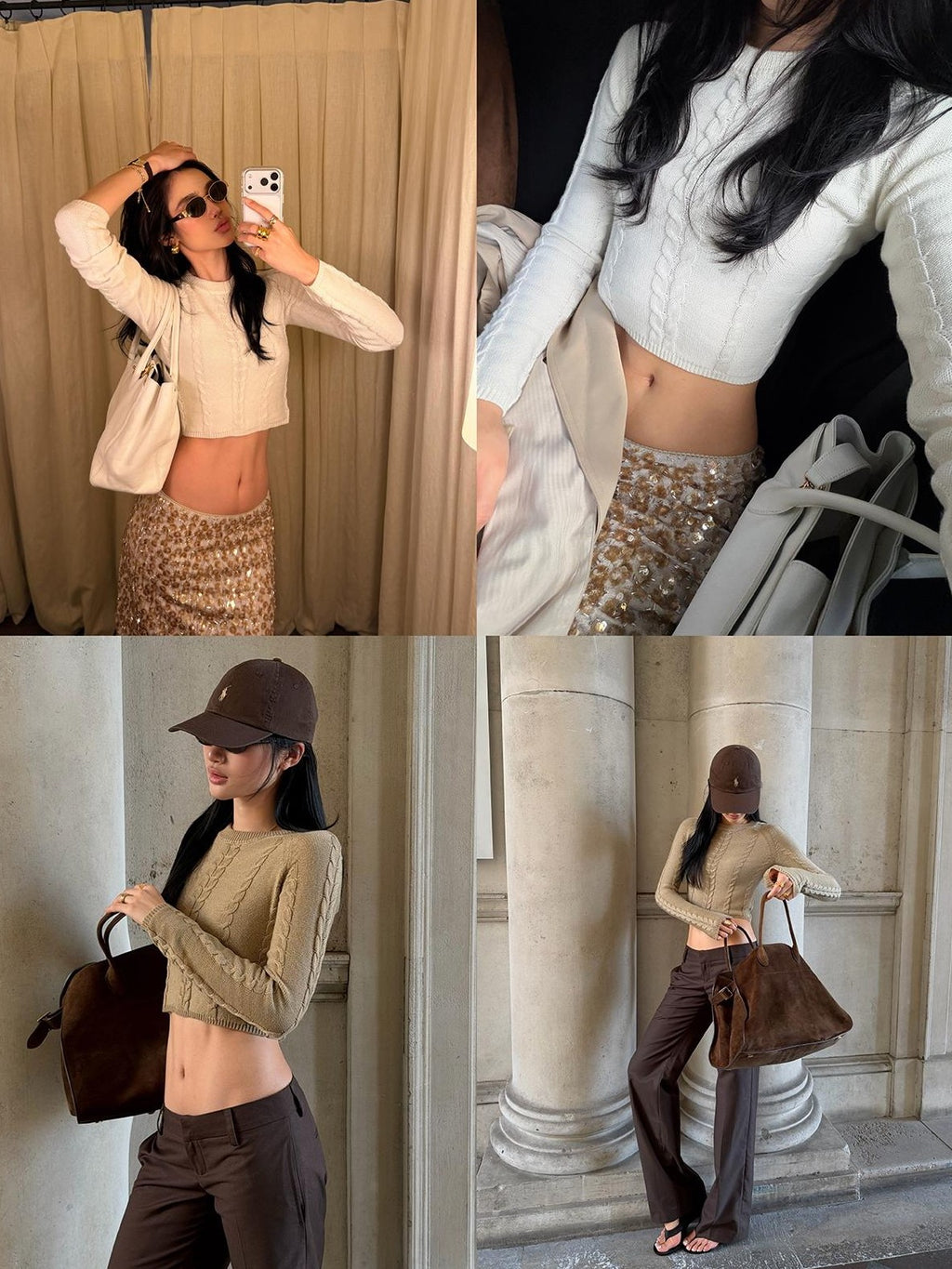 rovente Cable Knit Cropped Slim Fit White Crew Neck Women's Sweaters