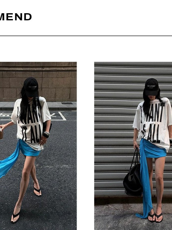 rovente Cali White Letter Print Drop Shoulder Crewneck Women's Oversized T-shirts