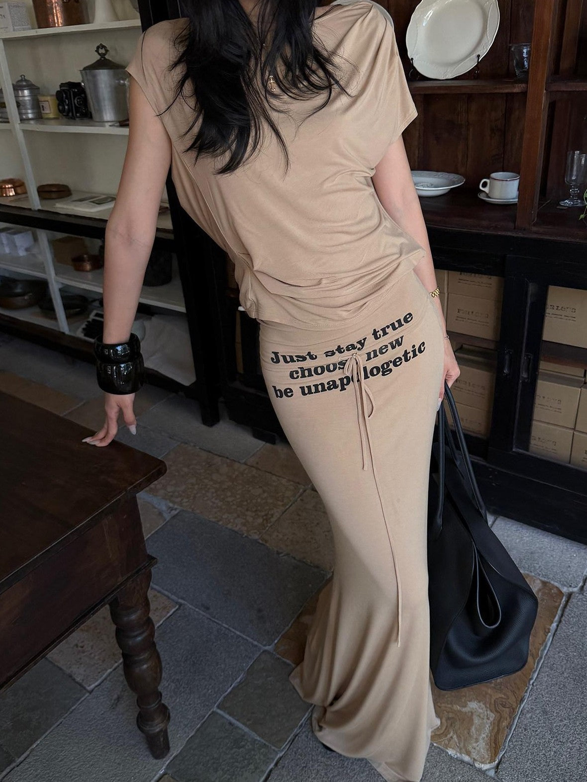 rovente Camel Letter Print Slim Fit Mermaid Hem Women's Modal Bodycon Maxi Dresses