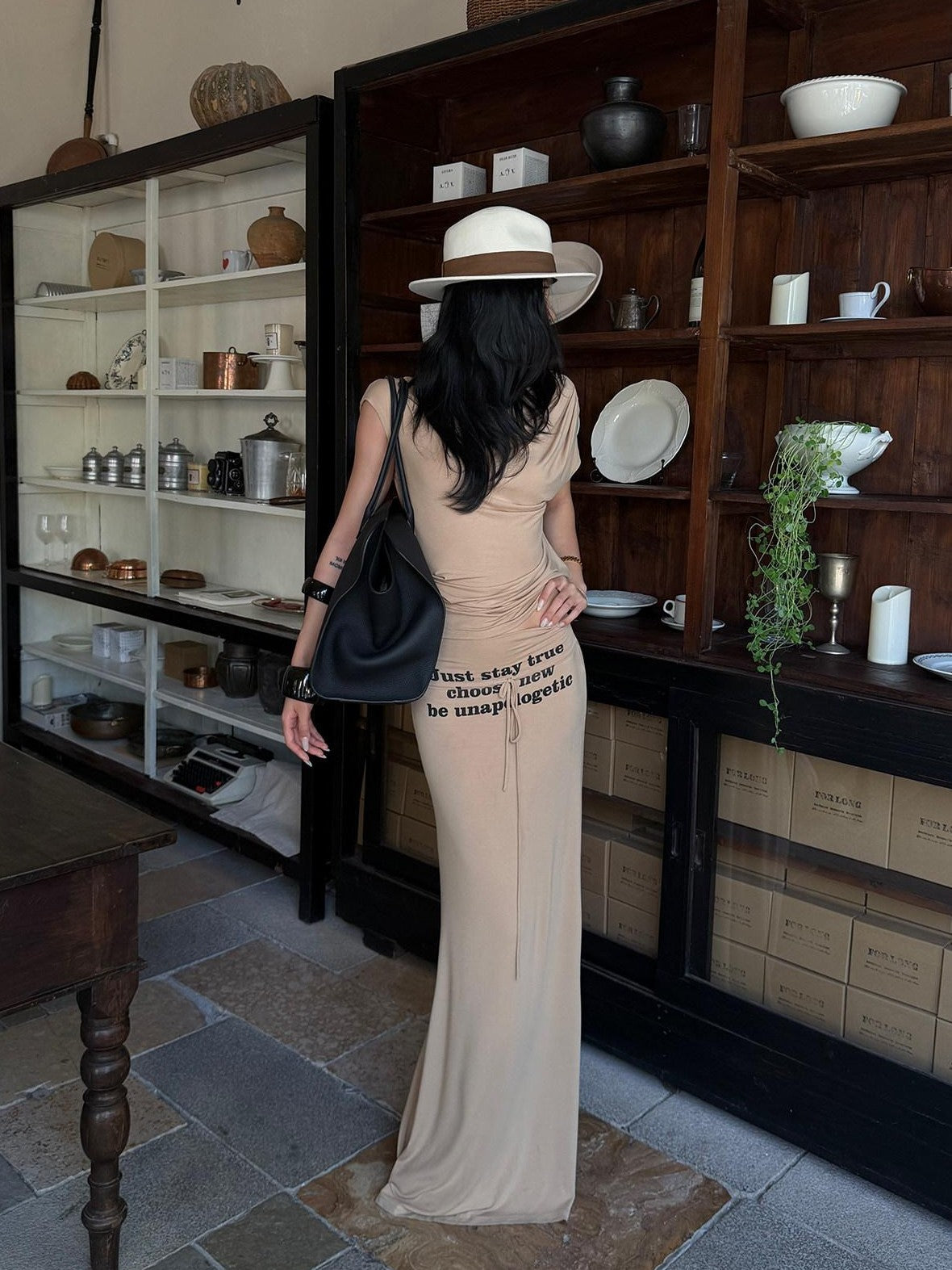 rovente Camel Letter Print Slim Fit Mermaid Hem Women's Modal Bodycon Maxi Dresses