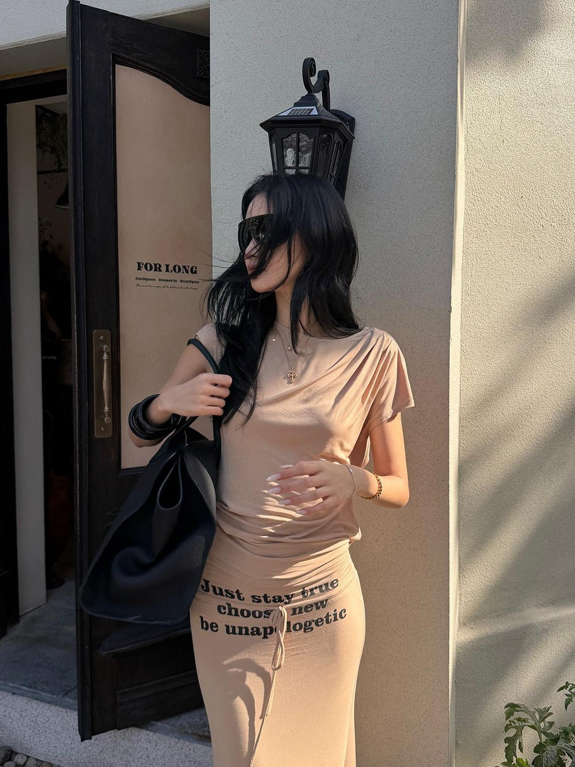 rovente Camel Letter Print Slim Fit Mermaid Hem Women's Modal Bodycon Maxi Dresses