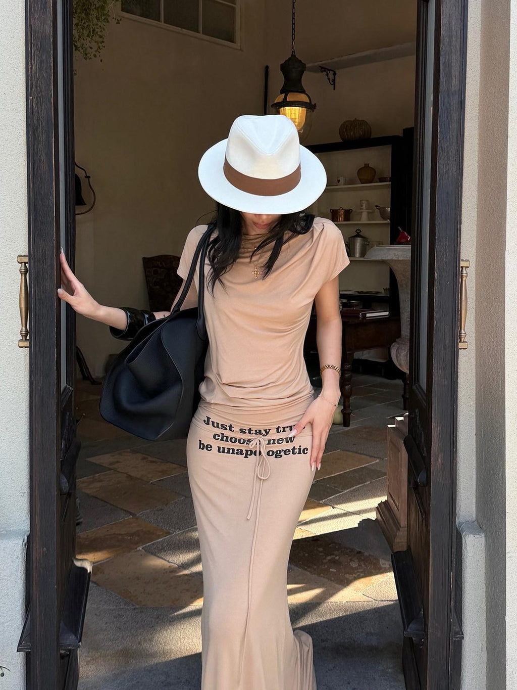 rovente Camel Letter Print Slim Fit Mermaid Hem Women's Modal Bodycon Maxi Dresses