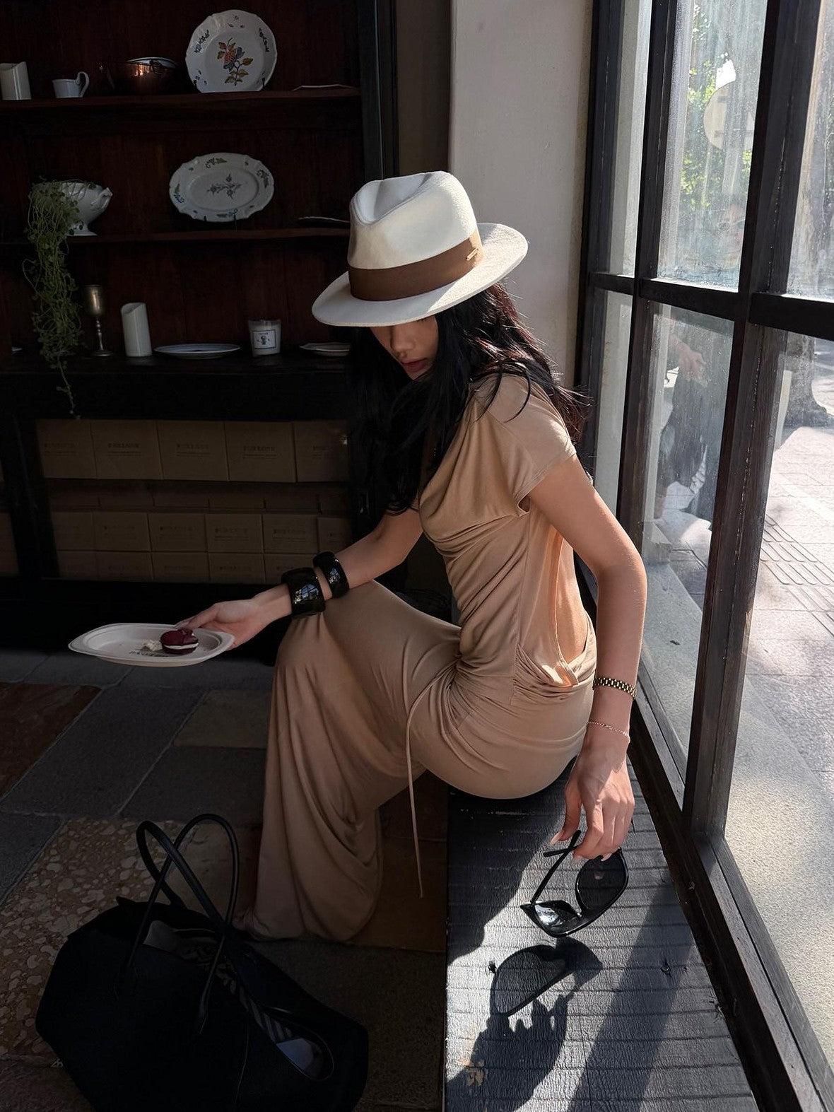 rovente Camel Letter Print Slim Fit Mermaid Hem Women's Modal Bodycon Maxi Dresses