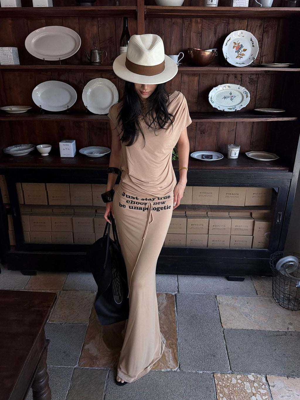 rovente Camel Letter Print Slim Fit Mermaid Hem Women's Modal Bodycon Maxi Dresses