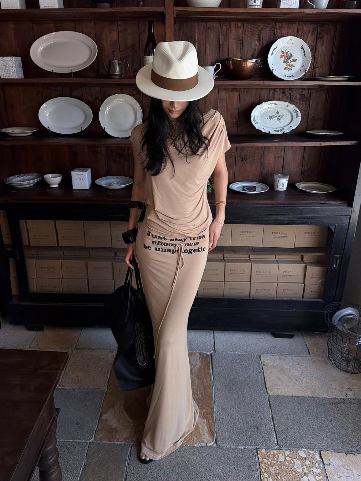 rovente Camel Letter Print Slim Fit Mermaid Hem Women's Modal Bodycon Maxi Dresses