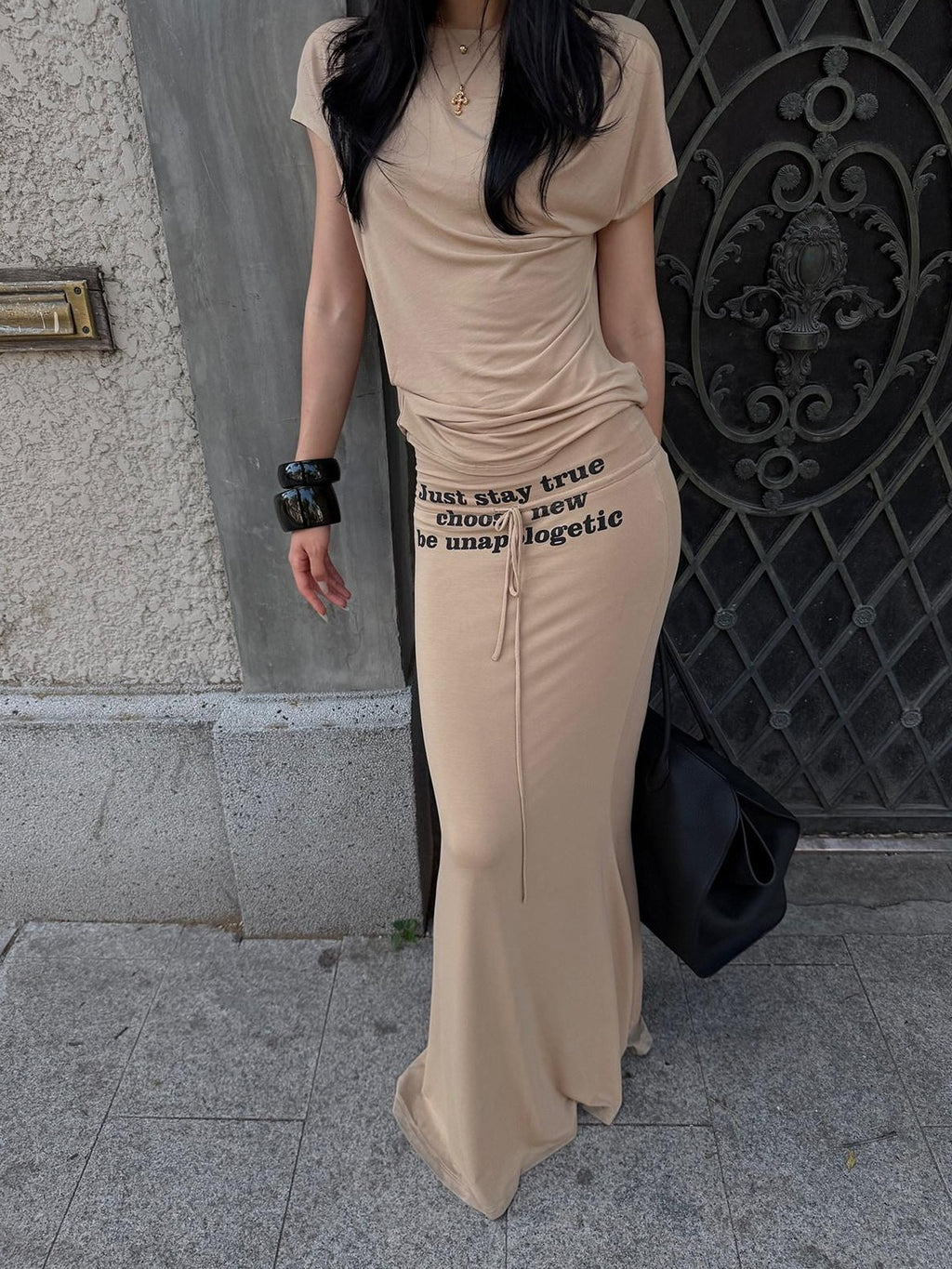 rovente Camel Letter Print Slim Fit Mermaid Hem Women's Modal Bodycon Maxi Dresses