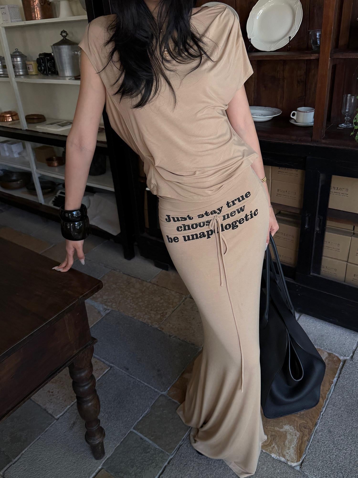rovente Camel Letter Print Slim Fit Mermaid Hem Women's Modal Bodycon Maxi Dresses