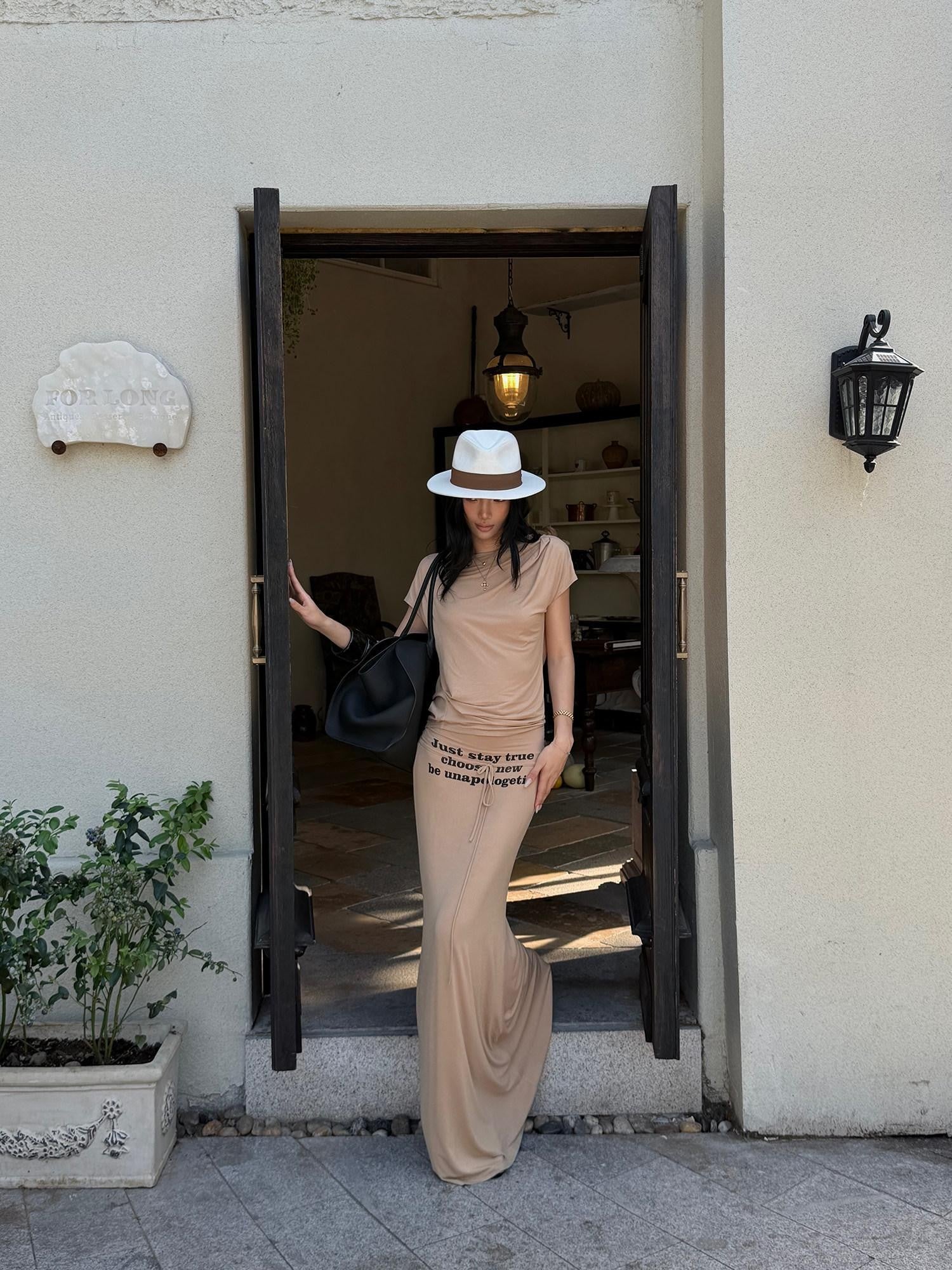 rovente Camel Letter Print Slim Fit Mermaid Hem Women's Modal Bodycon Maxi Dresses