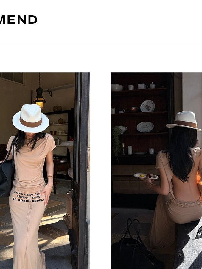 rovente Camel Letter Print Slim Fit Mermaid Hem Women's Modal Bodycon Maxi Dresses
