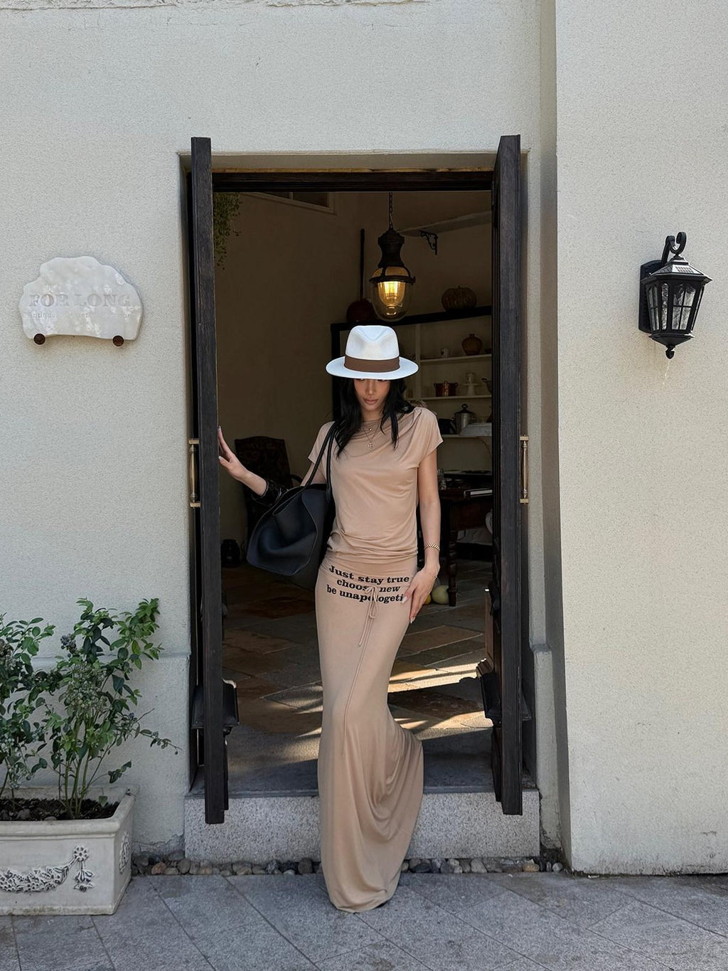 rovente Camel Letter Print Slim Fit Mermaid Hem Women's Modal Bodycon Maxi Dresses
