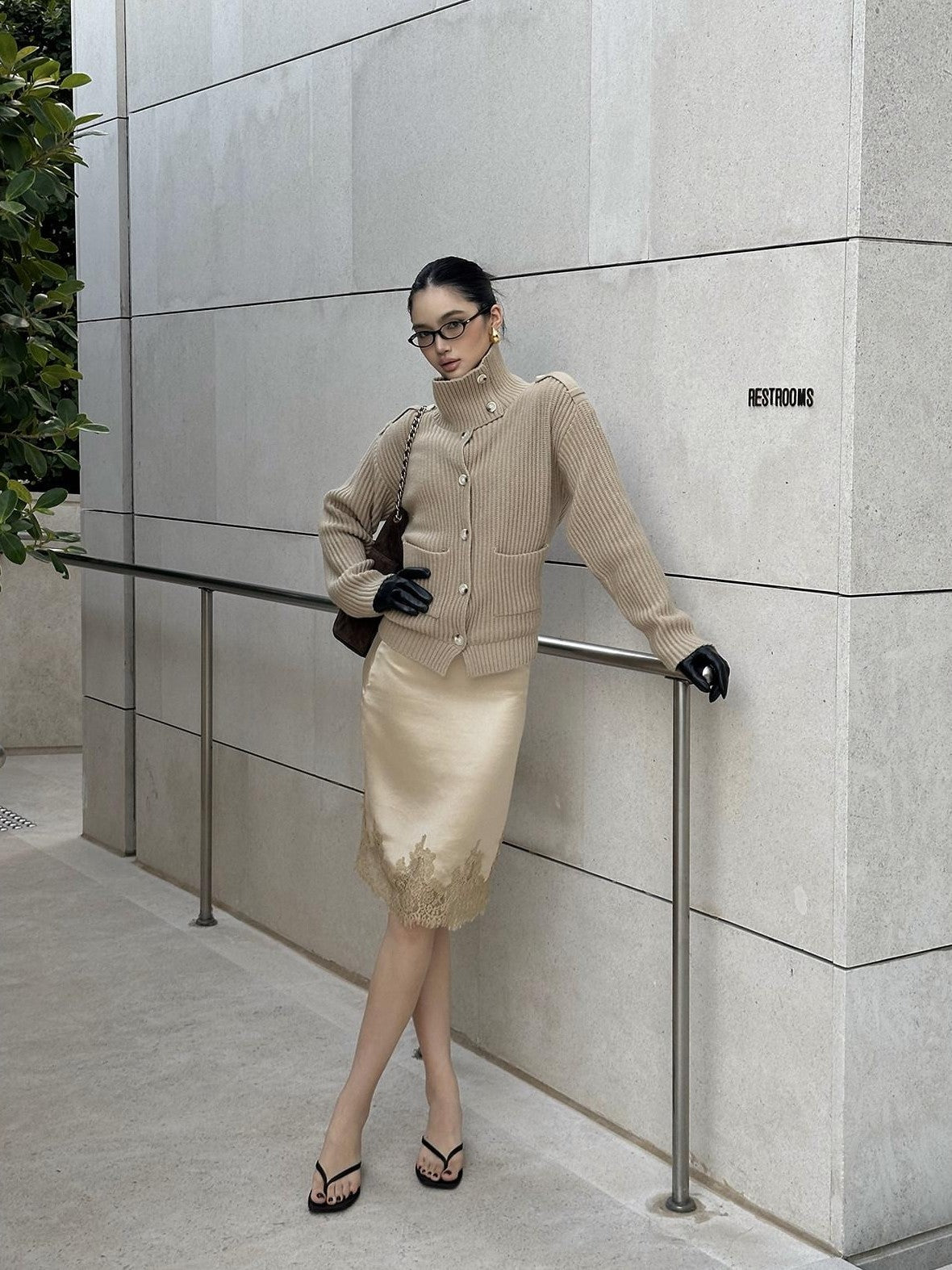 rovente Champagne Khaki Lace Cinched Women's Acetate Woven Bodycon Skirts