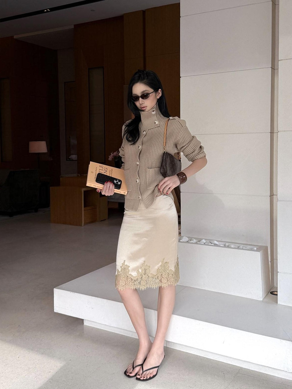 rovente Champagne Khaki Lace Cinched Women's Acetate Woven Bodycon Skirts