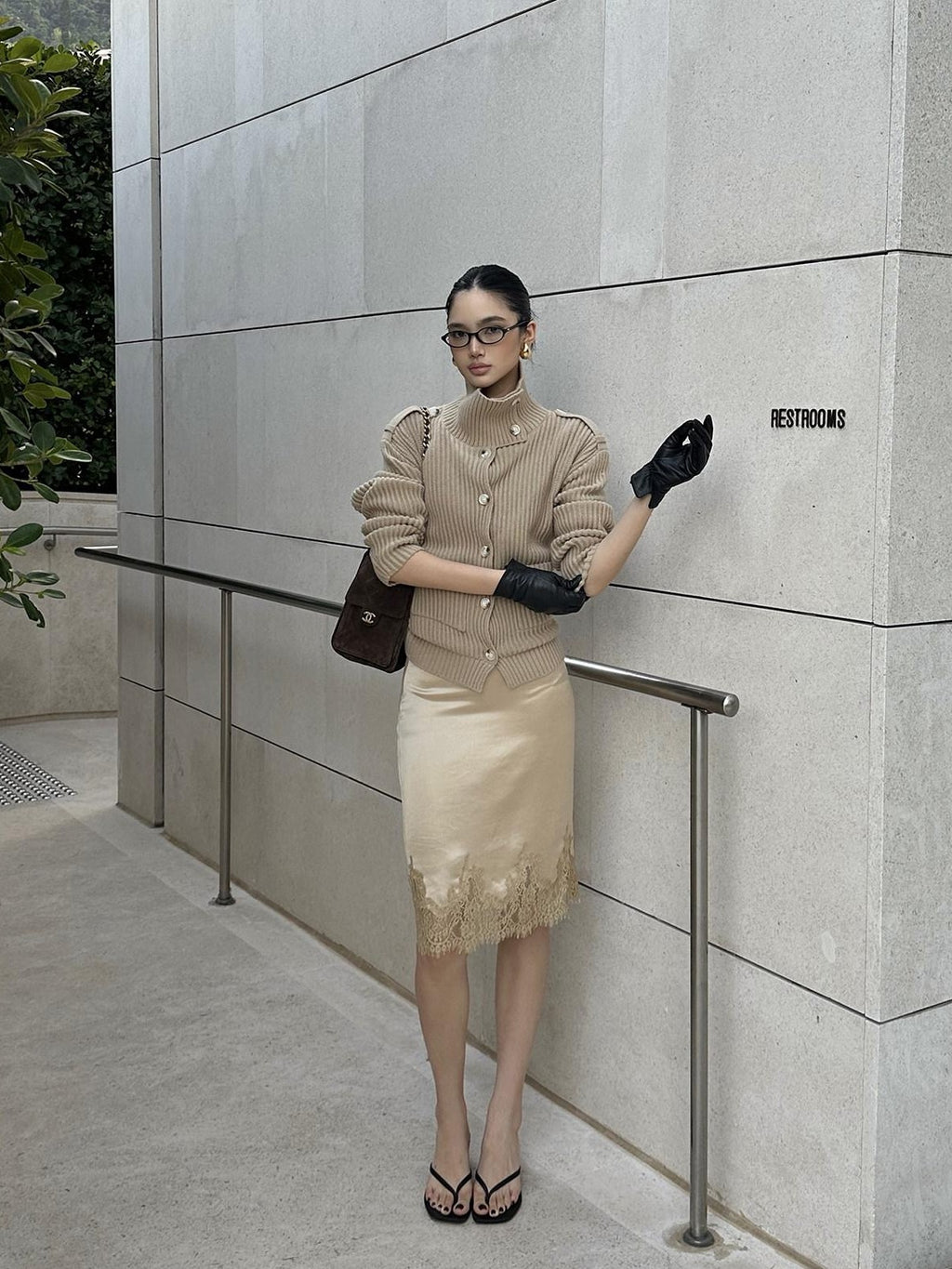 rovente Champagne Khaki Lace Cinched Women's Acetate Woven Bodycon Skirts