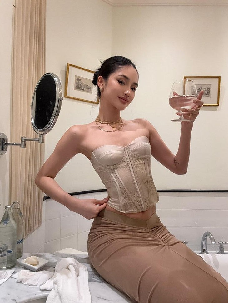 rovente Champagne Lace Boned Backless Waist Cinch Women's Nylon Spandex Tube Tops