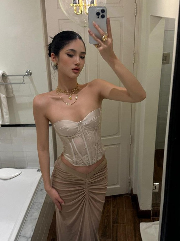 rovente Champagne Lace Boned Backless Waist Cinch Women's Nylon Spandex Tube Tops