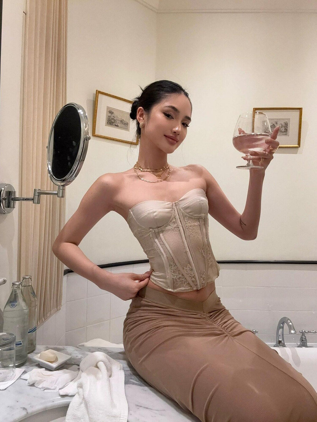 rovente Champagne Lace Boned Backless Waist Cinch Women's Nylon Spandex Tube Tops