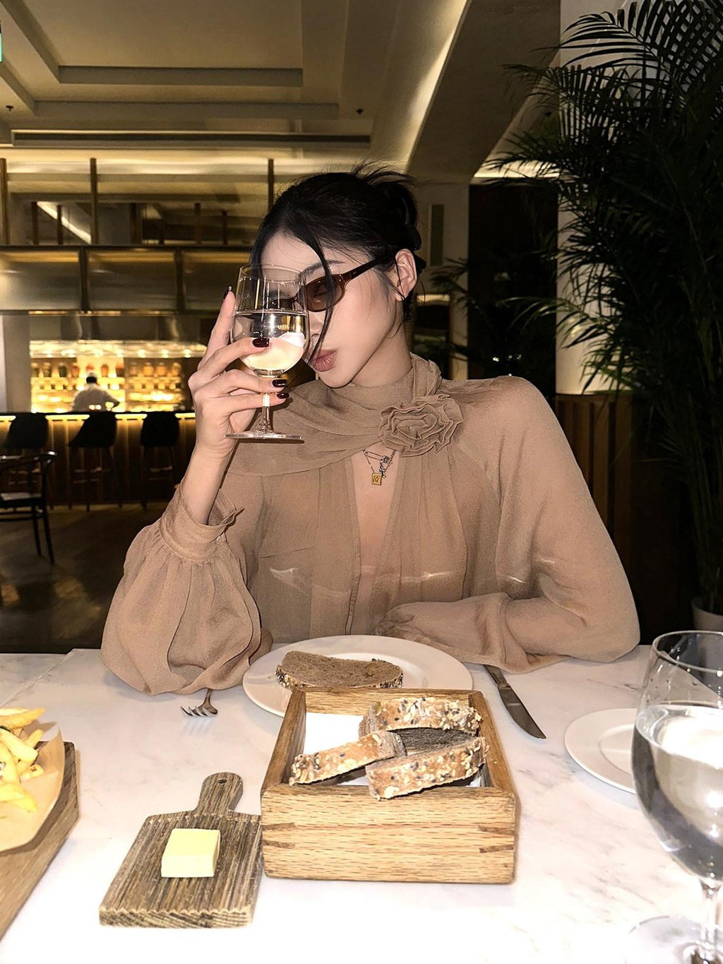 rovente Champagne Nude Deep V Floral Loose Long Sleeve Women's Woven Tunic Blouses