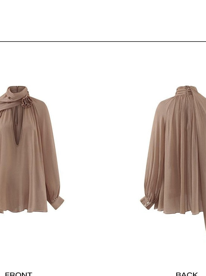 rovente Champagne Nude Deep V Floral Loose Long Sleeve Women's Woven Tunic Blouses