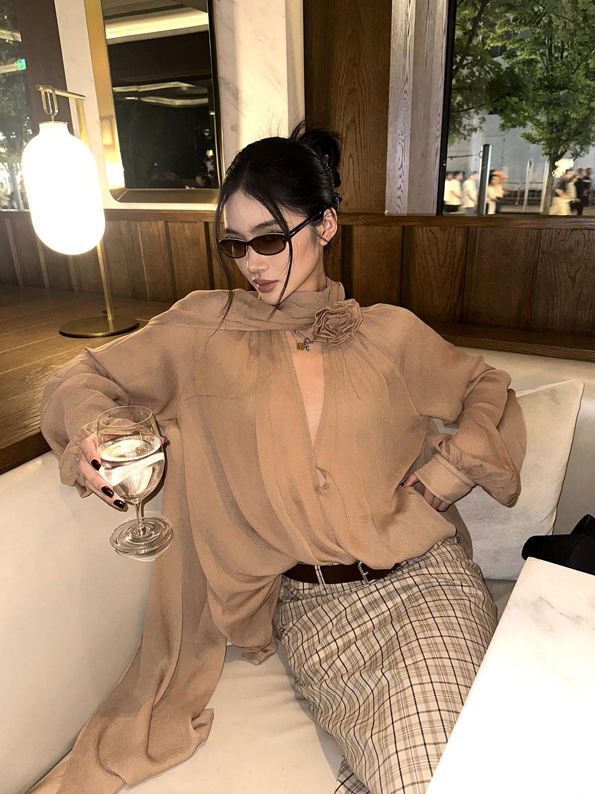rovente Champagne Nude Deep V Floral Loose Long Sleeve Women's Woven Tunic Blouses