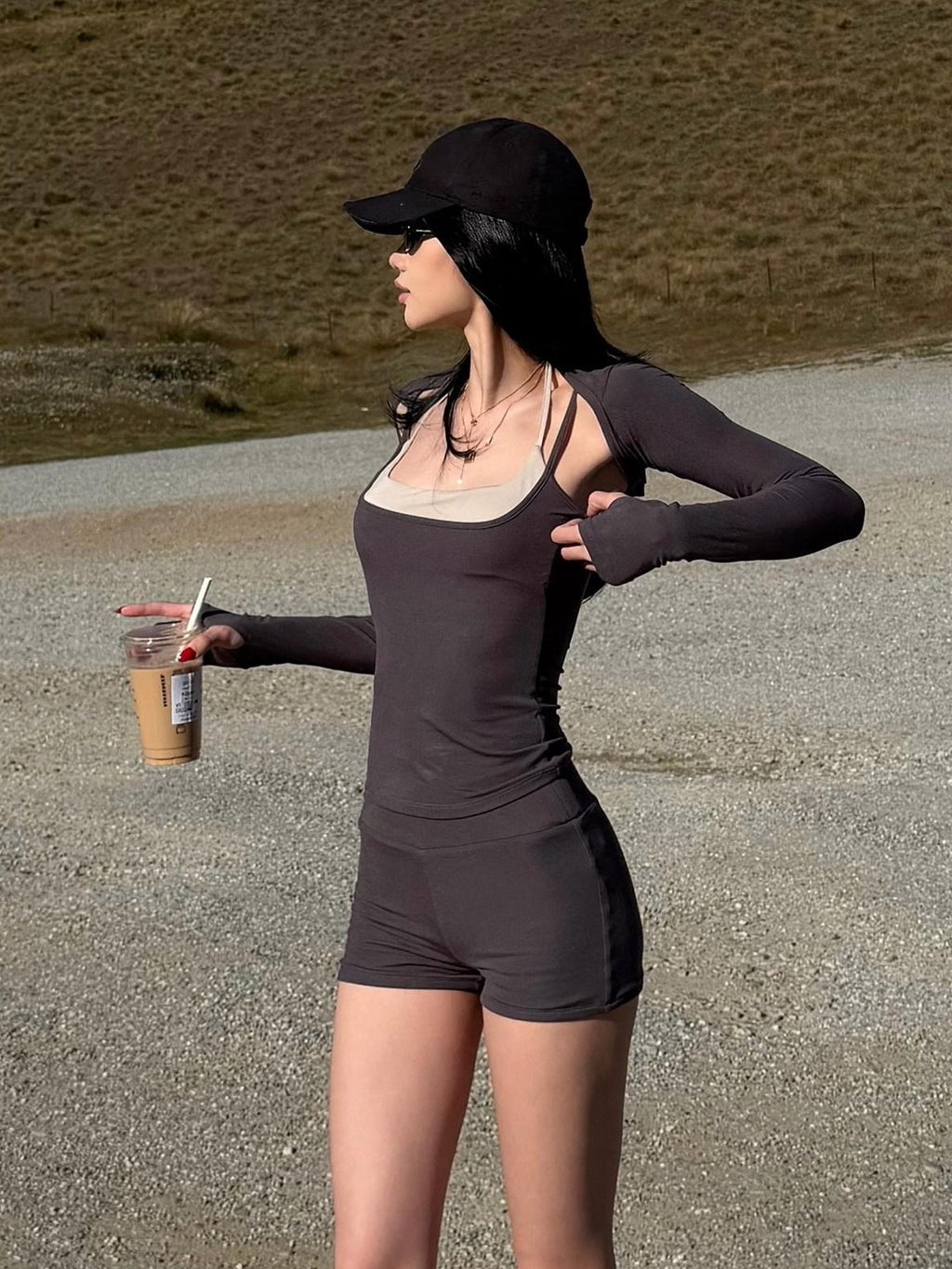 rovente Charcoal Gray Slim Fit Camisole Contrast Trim Women's Casual Top & Shorts Sets