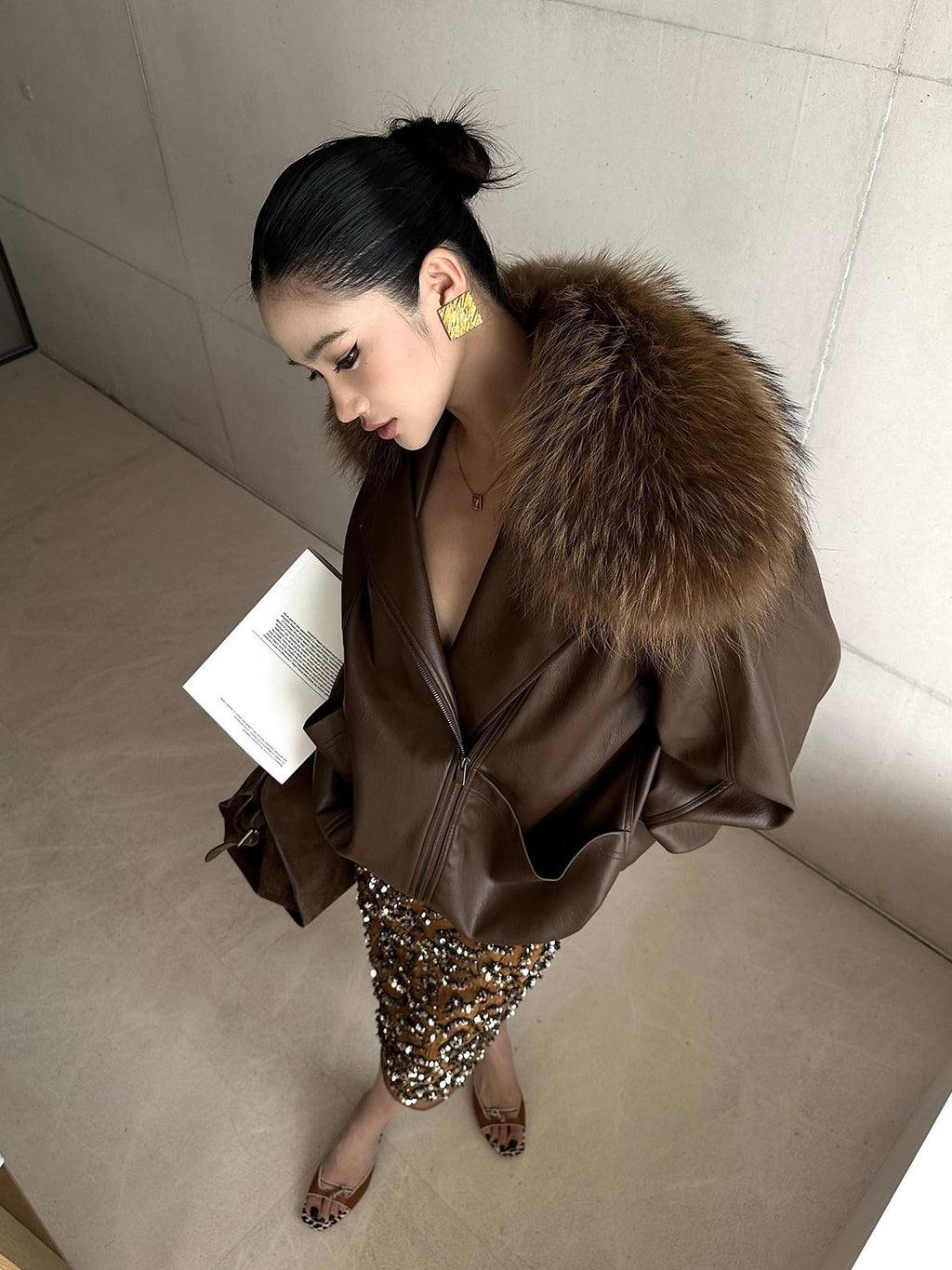rovente Coffee Brown Detachable Real Fur Cuban Collar Women's Leather Jackets