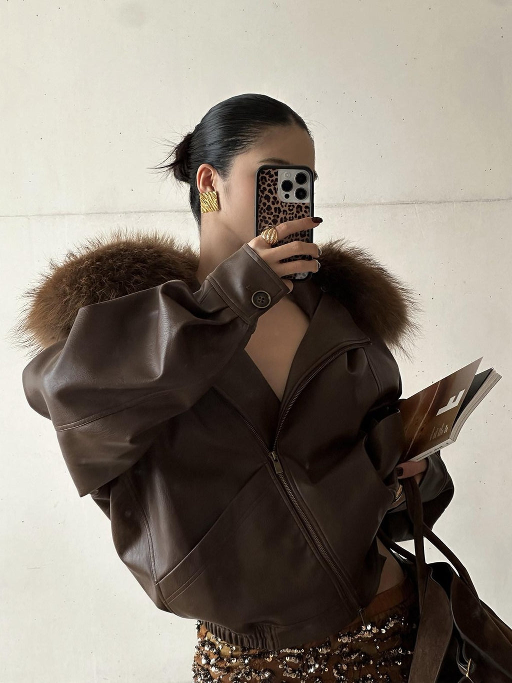 rovente Coffee Brown Detachable Real Fur Cuban Collar Women's Leather Jackets