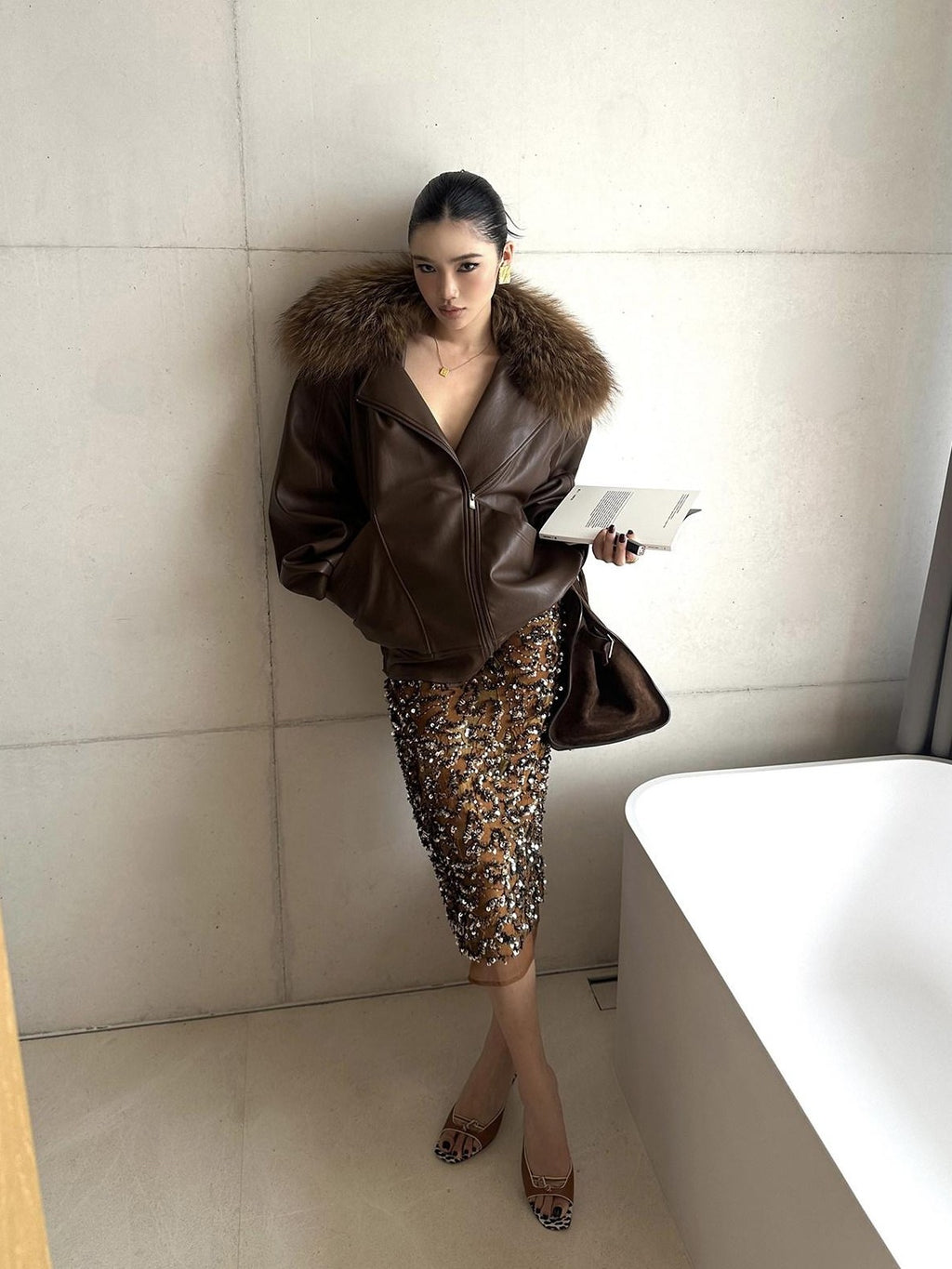 rovente Coffee Brown Detachable Real Fur Cuban Collar Women's Leather Jackets