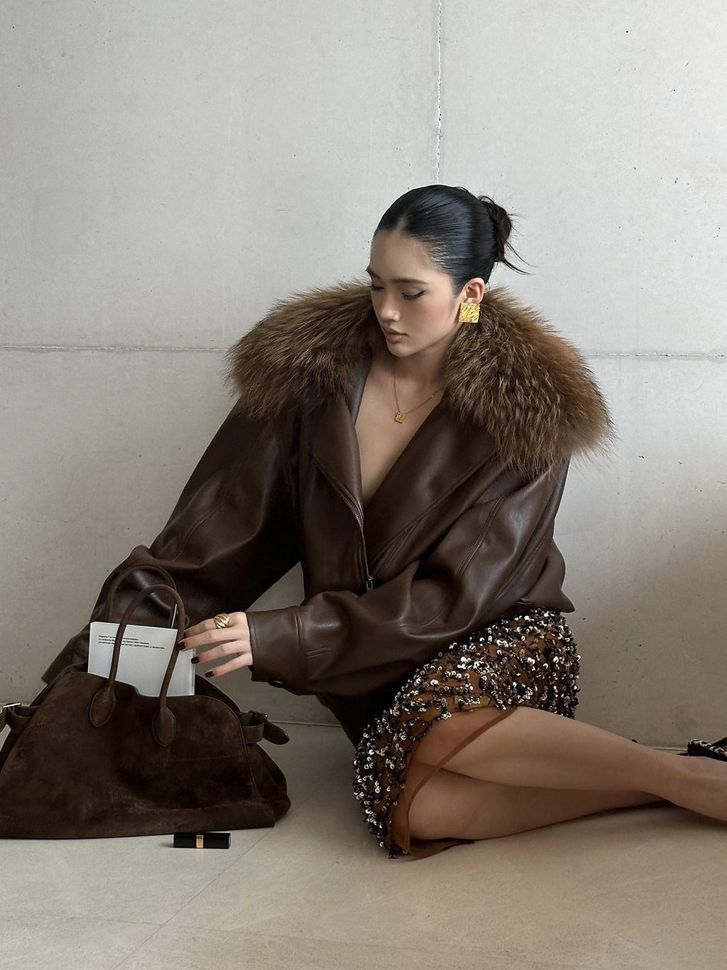 rovente Coffee Brown Detachable Real Fur Cuban Collar Women's Leather Jackets