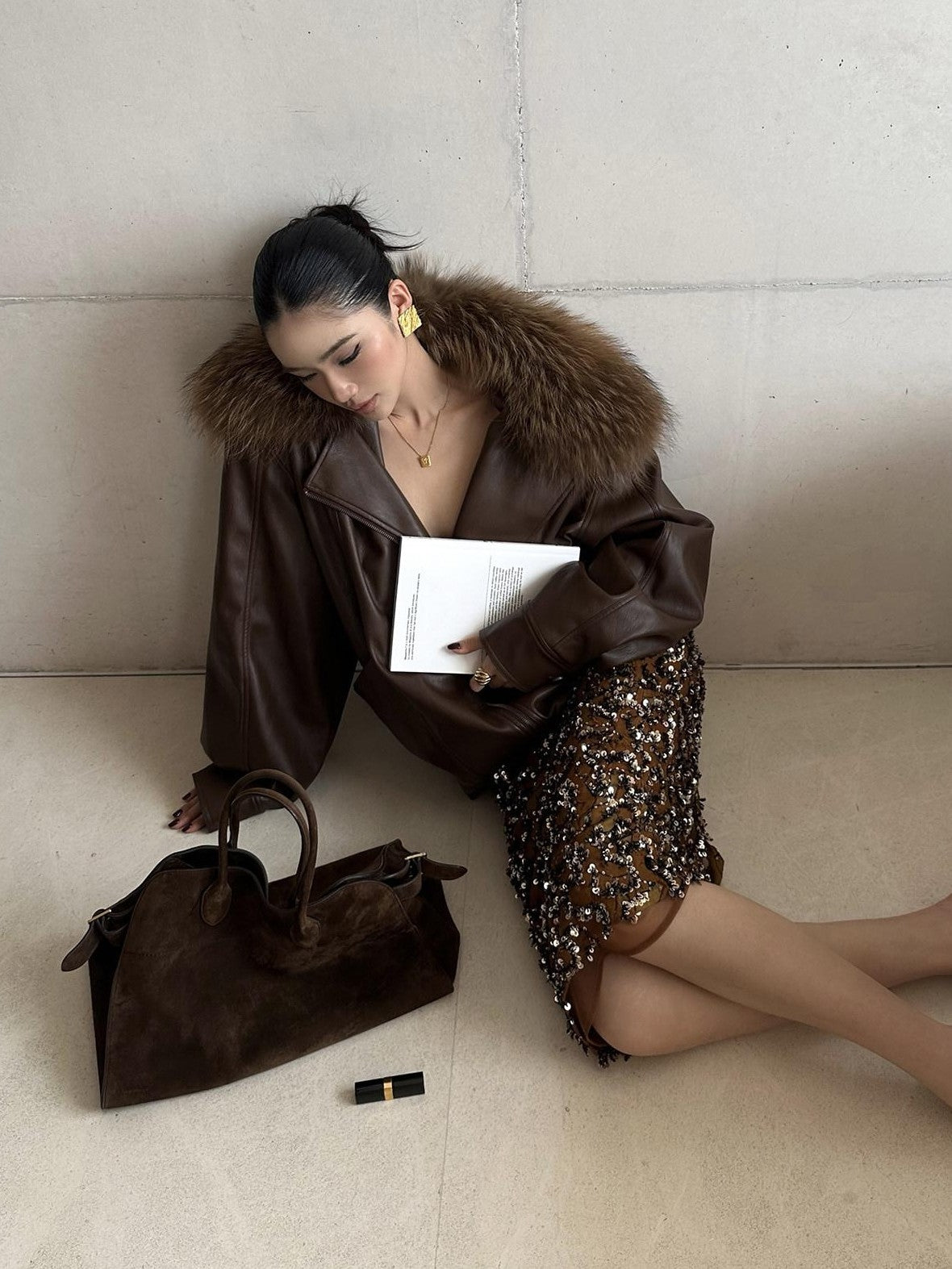 rovente Coffee Brown Detachable Real Fur Cuban Collar Women's Leather Jackets