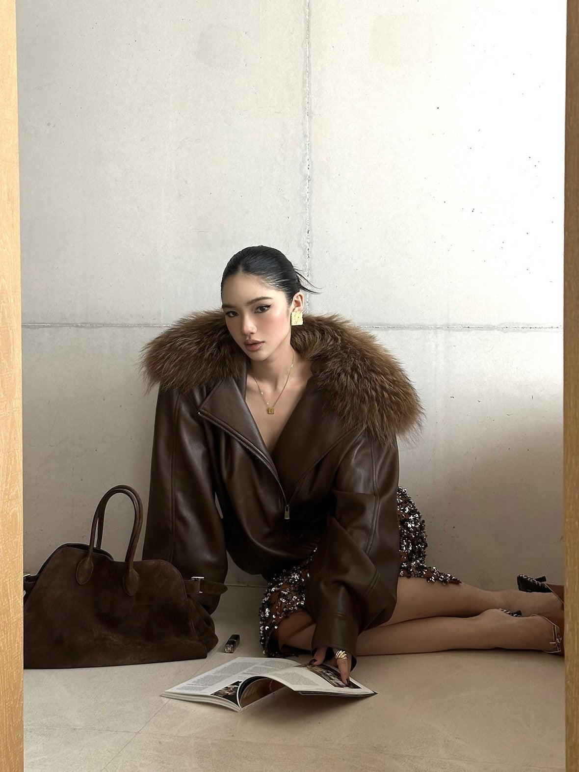 rovente Coffee Brown Detachable Real Fur Cuban Collar Women's Leather Jackets