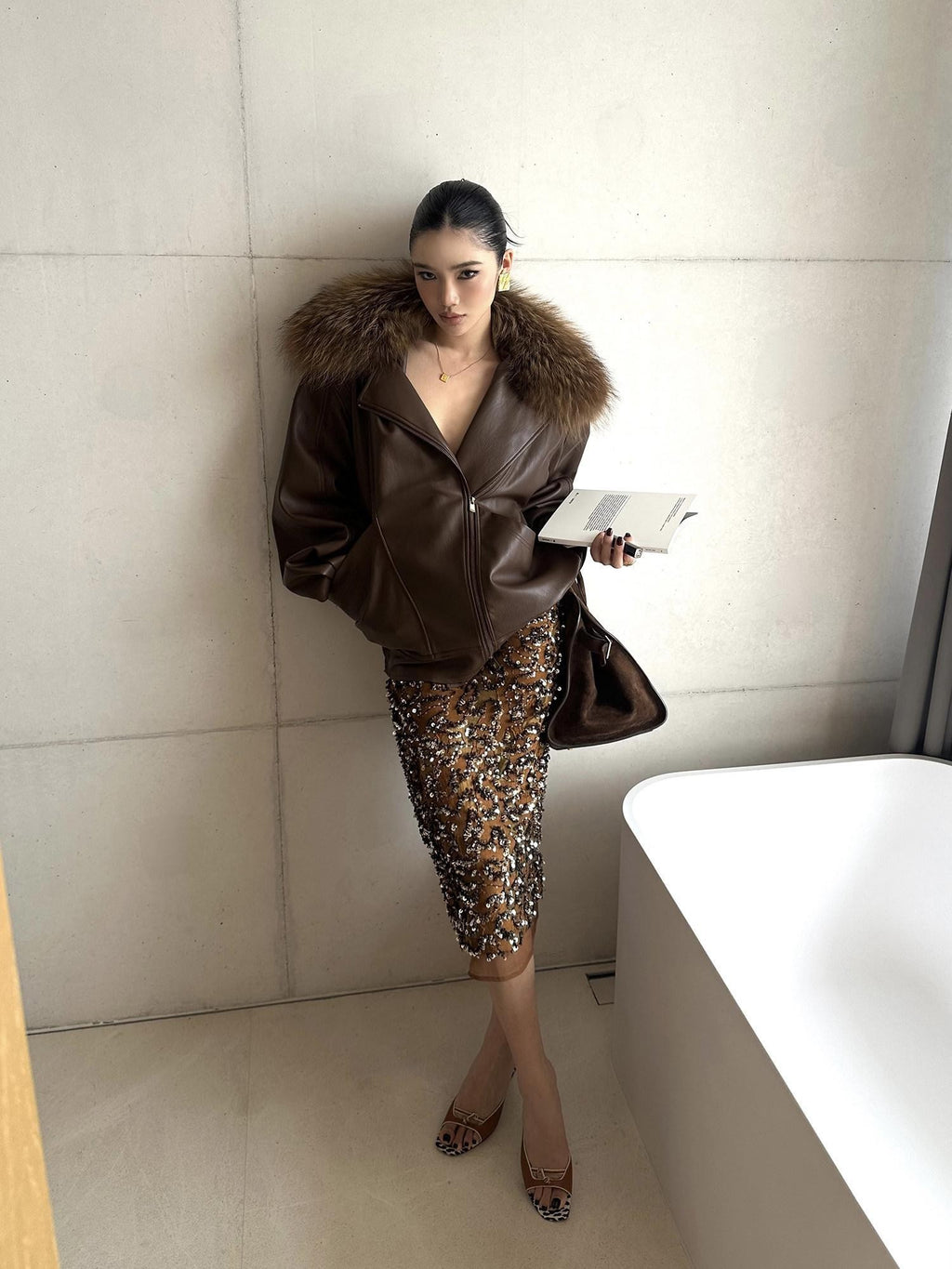 rovente Coffee Brown Detachable Real Fur Cuban Collar Women's Leather Jackets