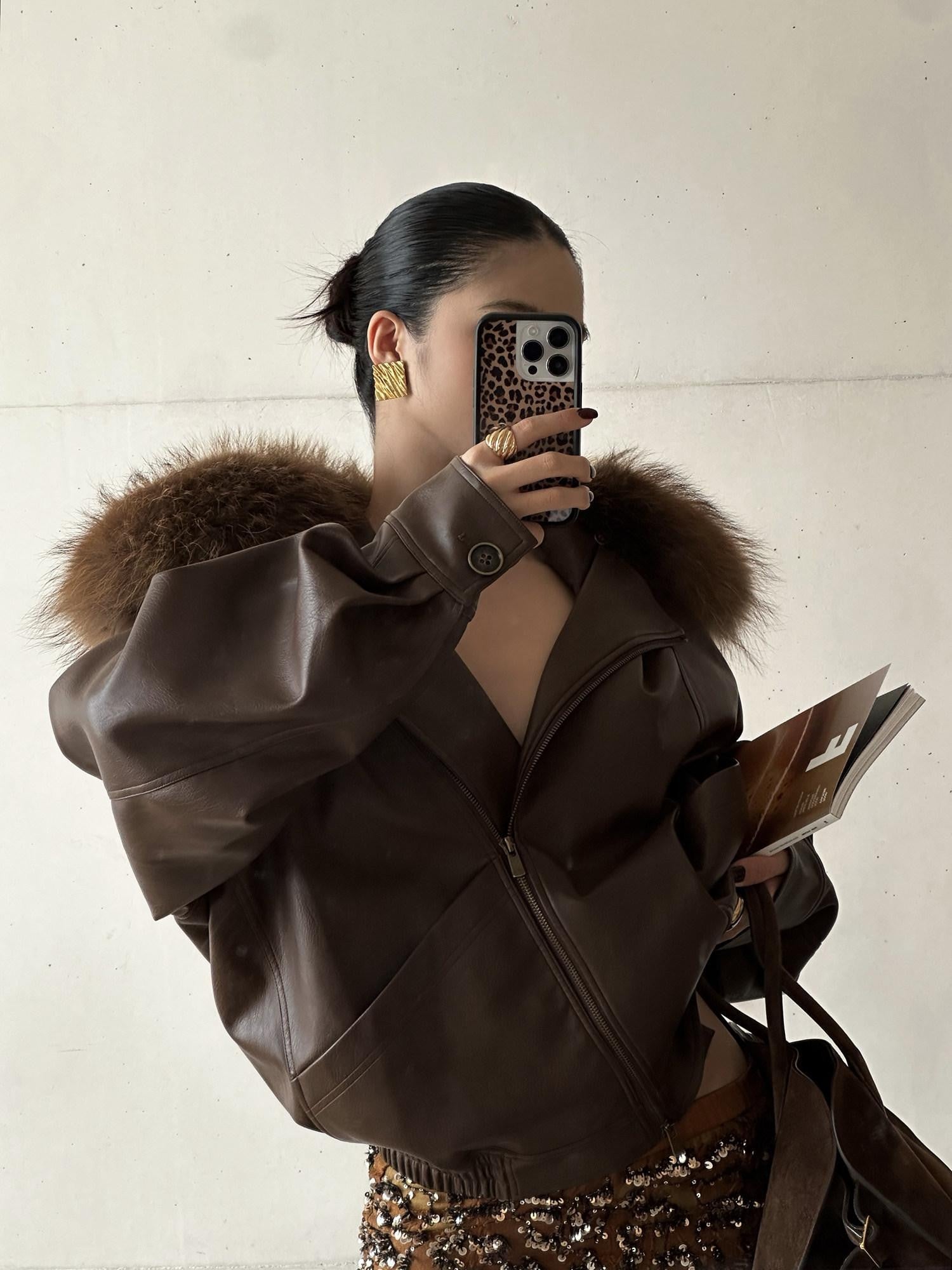 rovente Coffee Brown Detachable Real Fur Cuban Collar Women's Leather Jackets