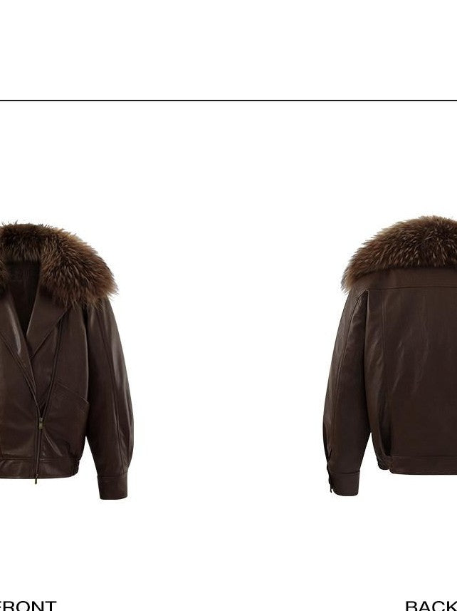 rovente Coffee Brown Detachable Real Fur Cuban Collar Women's Leather Jackets