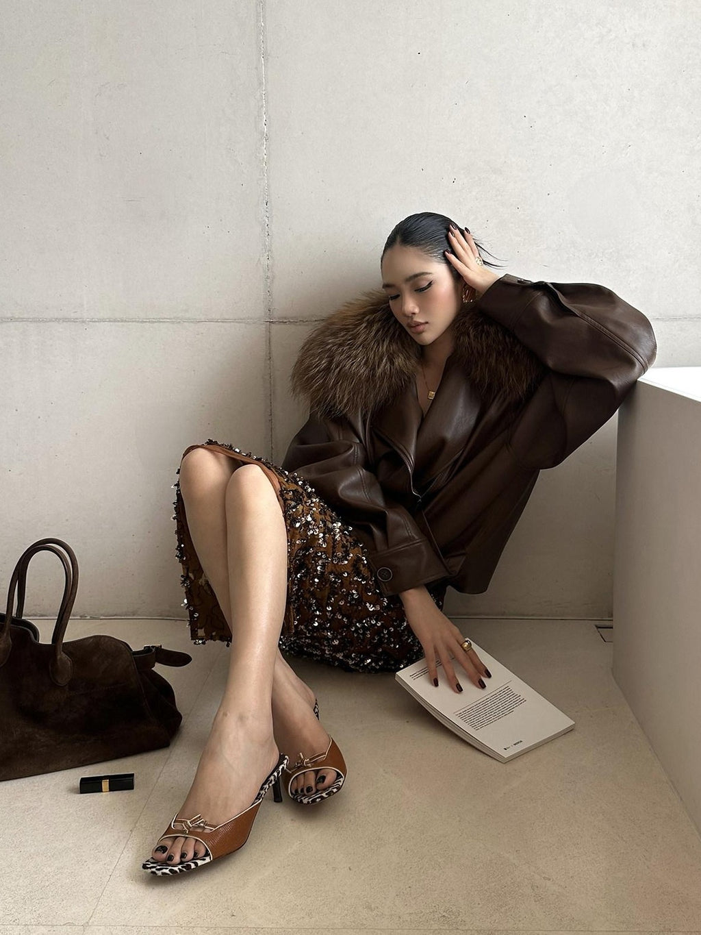 rovente Coffee Brown Detachable Real Fur Cuban Collar Women's Leather Jackets