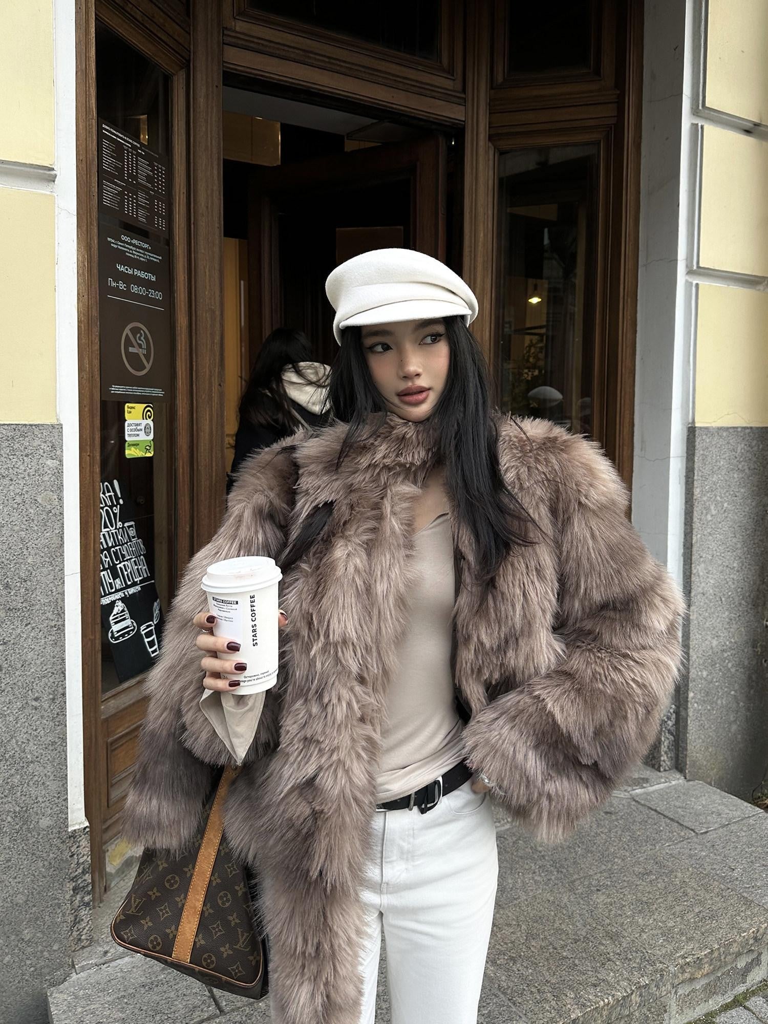 rovente Coffee Brown Elegant Plush Hidden Button Women's Faux Fur Coats