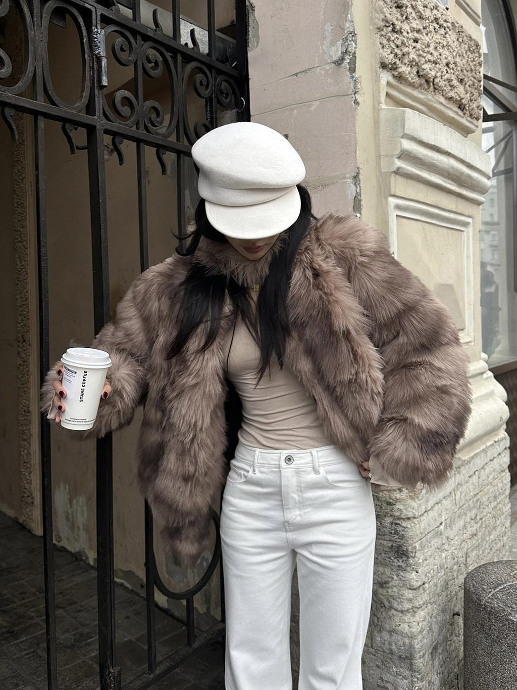 rovente Coffee Brown Elegant Plush Hidden Button Women's Faux Fur Coats