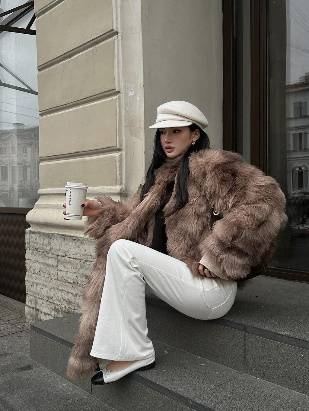 rovente Coffee Brown Elegant Plush Hidden Button Women's Faux Fur Coats