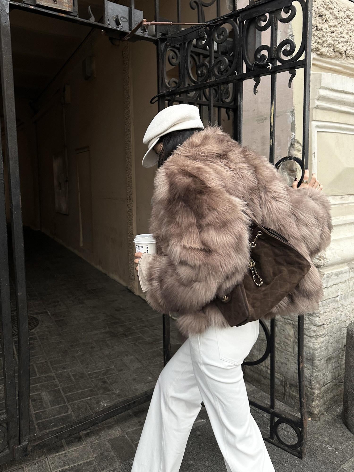 rovente Coffee Brown Elegant Plush Hidden Button Women's Faux Fur Coats