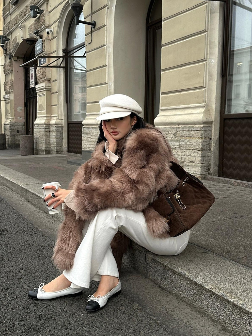 rovente Coffee Brown Elegant Plush Hidden Button Women's Faux Fur Coats