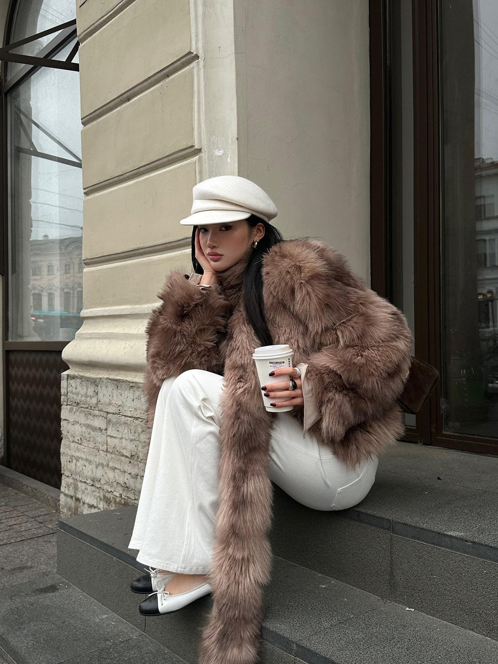 rovente Coffee Brown Elegant Plush Hidden Button Women's Faux Fur Coats