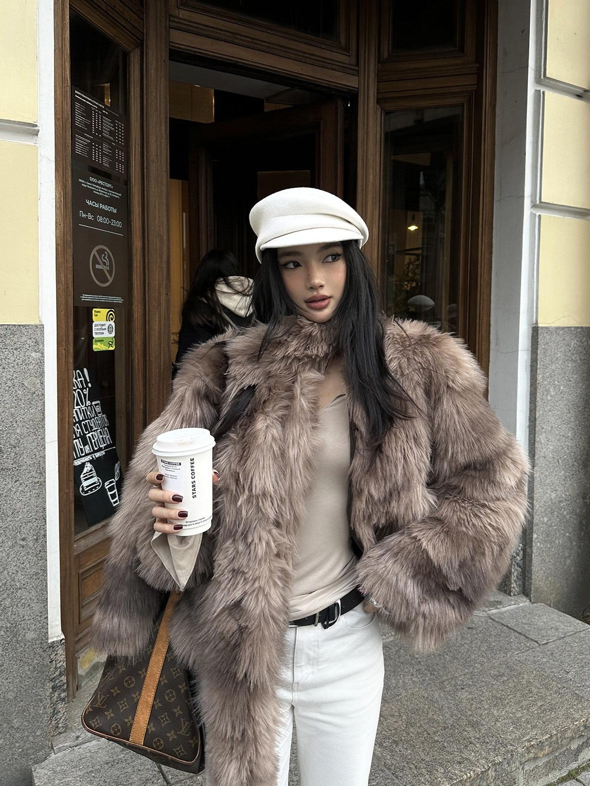 rovente Coffee Brown Elegant Plush Hidden Button Women's Faux Fur Coats