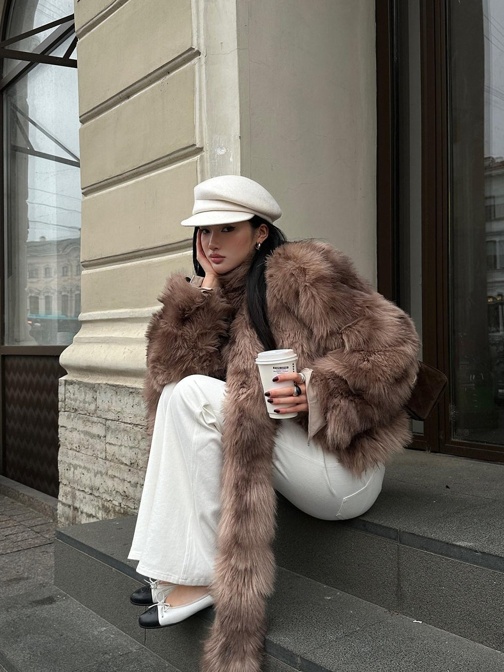 rovente Coffee Brown Elegant Plush Hidden Button Women's Faux Fur Coats