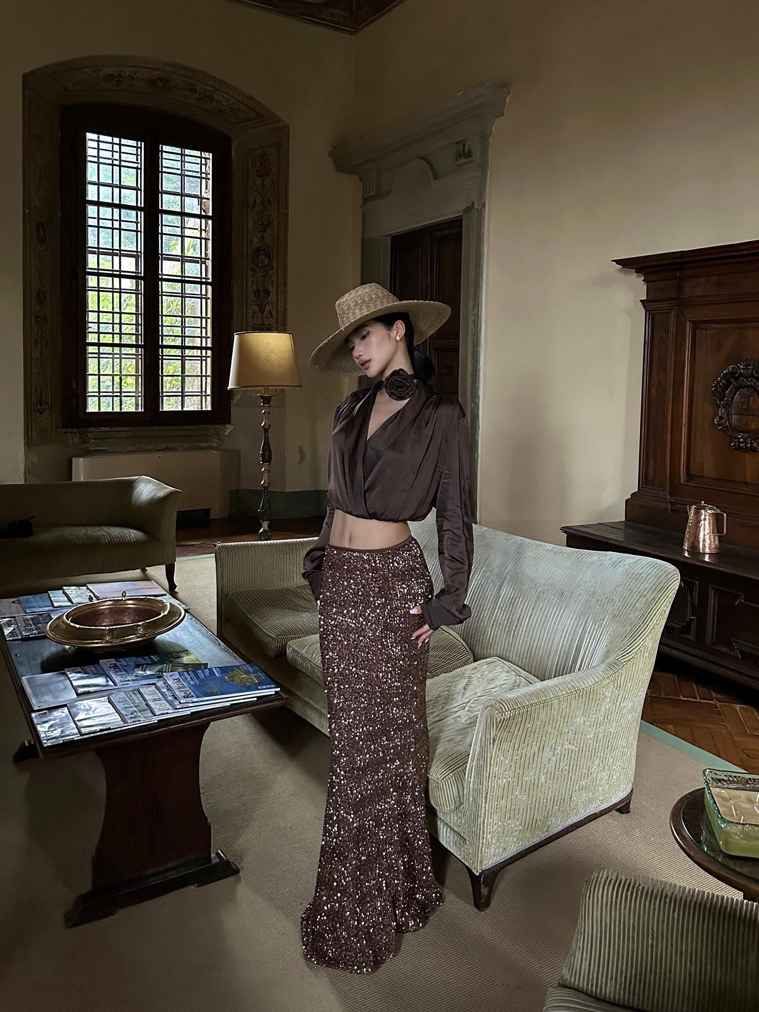 rovente Coffee Brown Pleated Floral V-neck Women's Viscose Tunic Blouses
